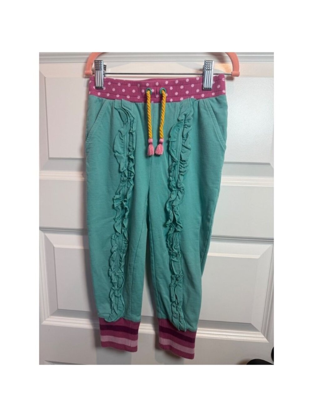 13. Matilda Jane Girls Turquoise Ruffle Front Joggers Polka Dot Waist Size 4